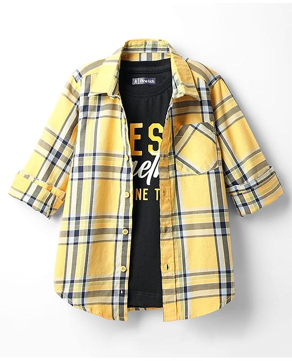 Pine Kids Cotton Woven Full Sleeves Checkered Shirt With T-Shirt - Yellow