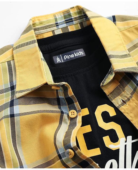 Pine Kids Cotton Woven Full Sleeves Checkered Shirt With T-Shirt - Yellow