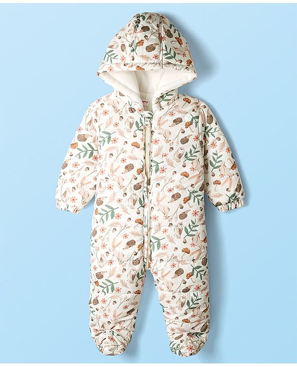 Babyhug Woven Full Sleeves Hooded Winter Quilted Romper With Fleece Inner Lining & Floral Print - Off White