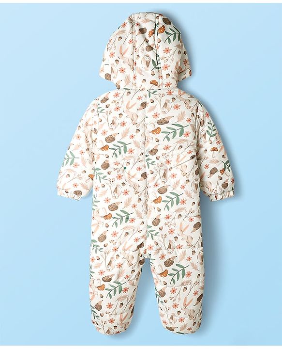 Babyhug Woven Full Sleeves Hooded Winter Quilted Romper With Fleece Inner Lining & Floral Print - Off White