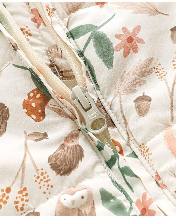Babyhug Woven Full Sleeves Hooded Winter Quilted Romper With Fleece Inner Lining & Floral Print - Off White