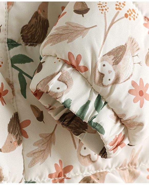 Babyhug Woven Full Sleeves Hooded Winter Quilted Romper With Fleece Inner Lining & Floral Print - Off White