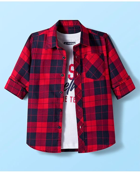Pine Kids Cotton Woven Full Sleeves Checkered Shirt With T-Shirt - Red