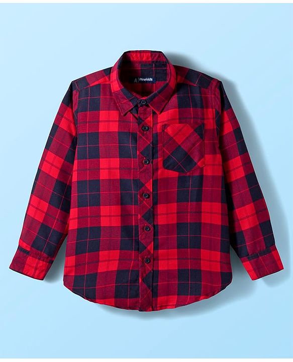 Pine Kids Cotton Woven Full Sleeves Checkered Shirt With T-Shirt - Red