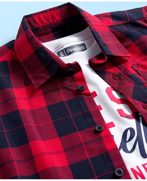 Pine Kids Cotton Woven Full Sleeves Checkered Shirt With T-Shirt - Red