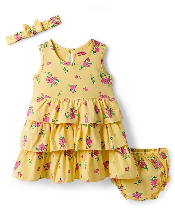 Babyhug Single Jersey Knit Sleeveless Floral Printed Frock With Bloomer & Headband - Yellow