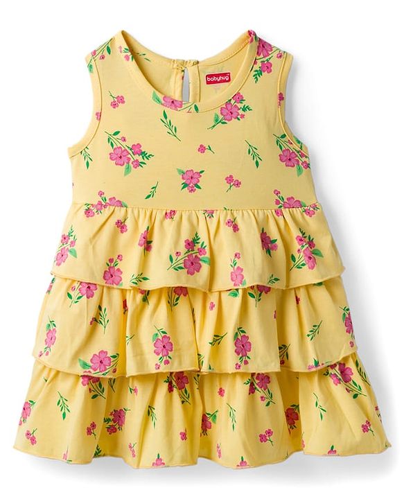 Babyhug Single Jersey Knit Sleeveless Floral Printed Frock With Bloomer & Headband - Yellow