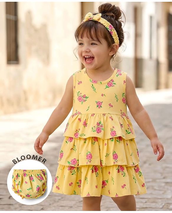 Babyhug Single Jersey Knit Sleeveless Floral Printed Frock With Bloomer & Headband - Yellow