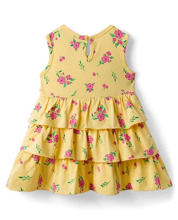 Babyhug Single Jersey Knit Sleeveless Floral Printed Frock With Bloomer & Headband - Yellow