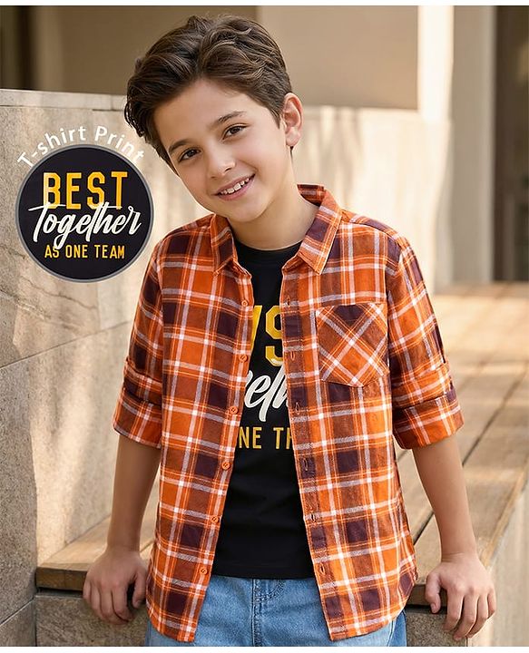 Pine Kids Cotton Woven Full Sleeves Checks Shirt With Text Print T-Shirt  - Orange