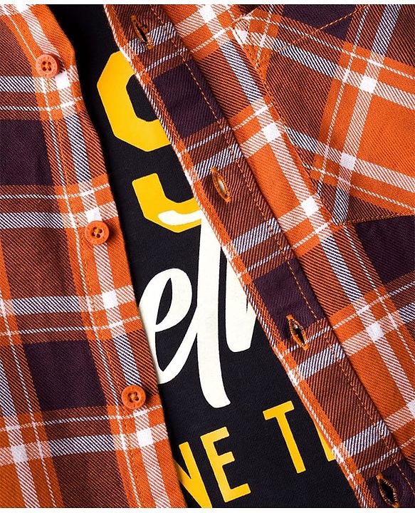 Pine Kids Cotton Woven Full Sleeves Checks Shirt With Text Print T-Shirt  - Orange