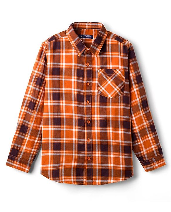 Pine Kids Cotton Woven Full Sleeves Checks Shirt With Text Print T-Shirt  - Orange