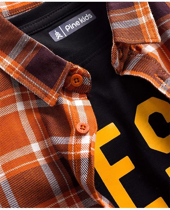 Pine Kids Cotton Woven Full Sleeves Checks Shirt With Text Print T-Shirt  - Orange