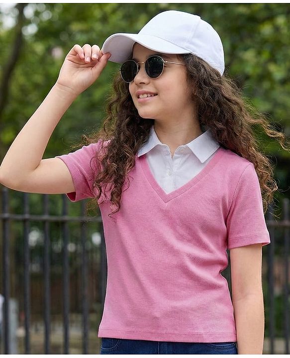 Pine Kids Cotton Knit Half Sleeves Solid Color Collar Top - Purple