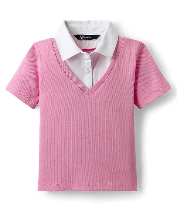 Pine Kids Cotton Knit Half Sleeves Solid Color Collar Top - Purple