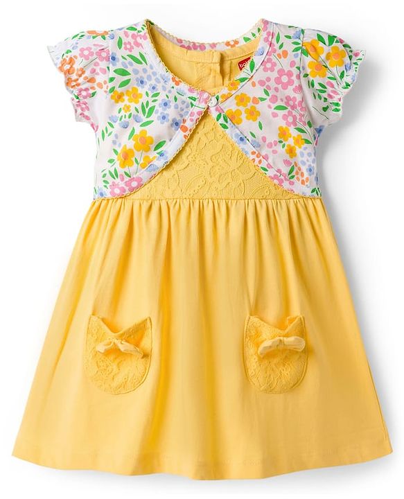 Babyhug Single Jersey Knit Half Sleeves Frock With Floral Printed Shrug - Yellow