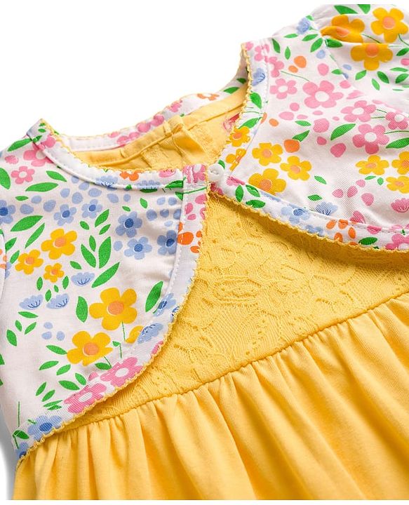 Babyhug Single Jersey Knit Half Sleeves Frock With Floral Printed Shrug - Yellow