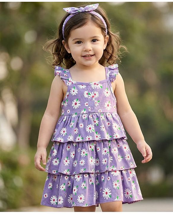Babyhug Single Jersey Knit Sleeveless Frock With Floral Print & Headband - Lilac