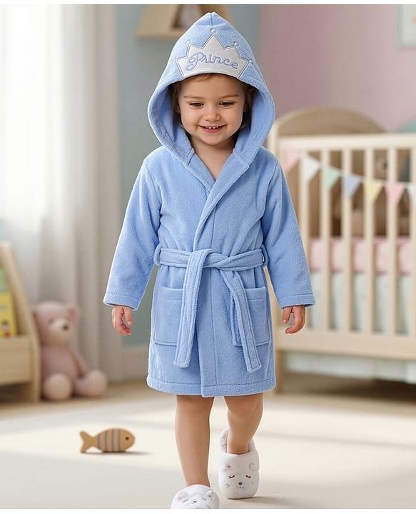 Babyhug Woven Terry Full Sleeves Hooded Bath Robe Princess Patch - Blue