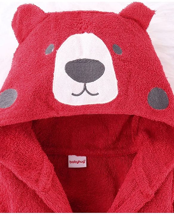 Babyhug Terry Knit Full Sleeves Hooded Animal Applique Patch - Red