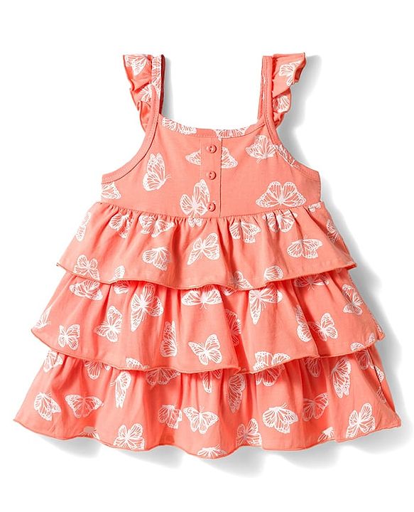Babyhug Single Jersey Knit Sleeveless Frock With Butterfly Print & Headband - Pink & White