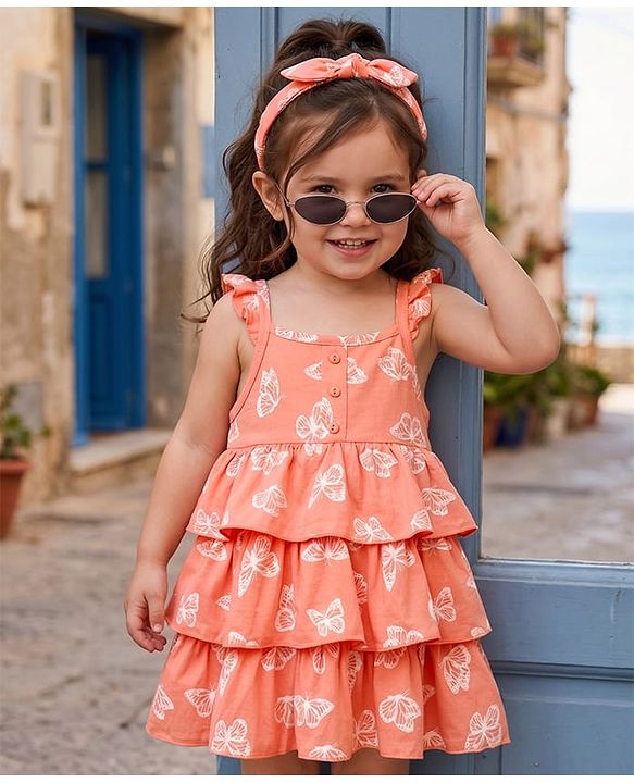 Babyhug Single Jersey Knit Sleeveless Frock With Butterfly Print & Headband - Pink & White