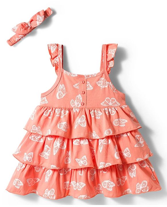 Babyhug Single Jersey Knit Sleeveless Frock With Butterfly Print & Headband - Pink & White