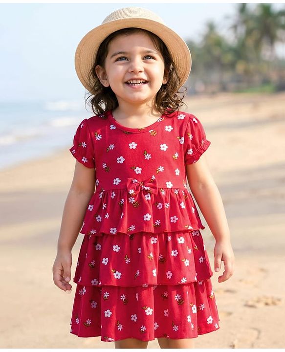 Babyhug Single Jersey Knit Half Sleeves Frock With Floral Print & Bow Applique - Red