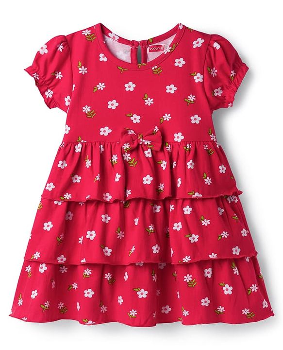 Babyhug Single Jersey Knit Half Sleeves Frock With Floral Print & Bow Applique - Red
