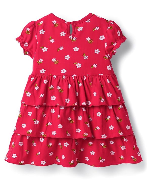 Babyhug Single Jersey Knit Half Sleeves Frock With Floral Print & Bow Applique - Red