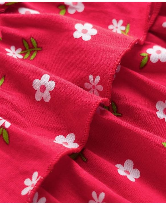 Babyhug Single Jersey Knit Half Sleeves Frock With Floral Print & Bow Applique - Red
