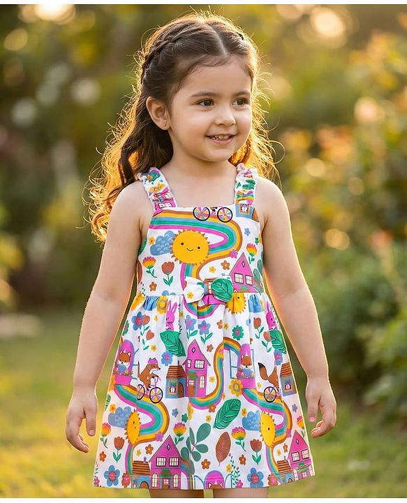 Babyhug Single Jersey Knit Sleeveless Frock With Floral & Rainbow Print - White