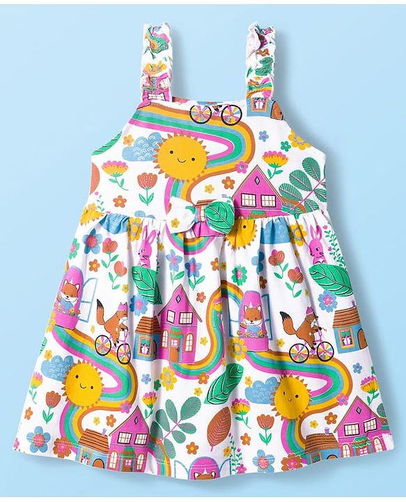 Babyhug Single Jersey Knit Sleeveless Frock With Floral & Rainbow Print - White