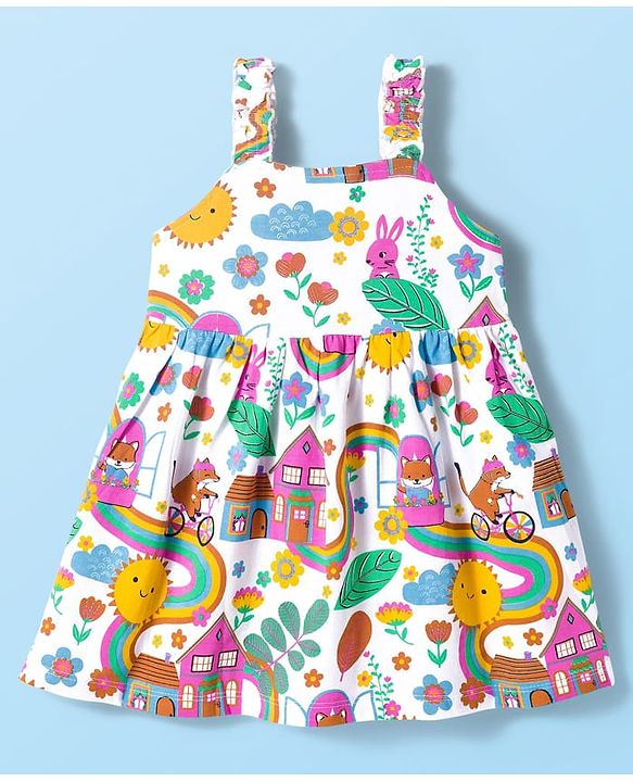 Babyhug Single Jersey Knit Sleeveless Frock With Floral & Rainbow Print - White