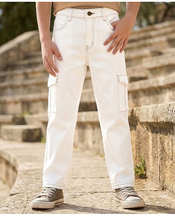 Pine Kids Denim Woven Full Length Washed Jeans - White