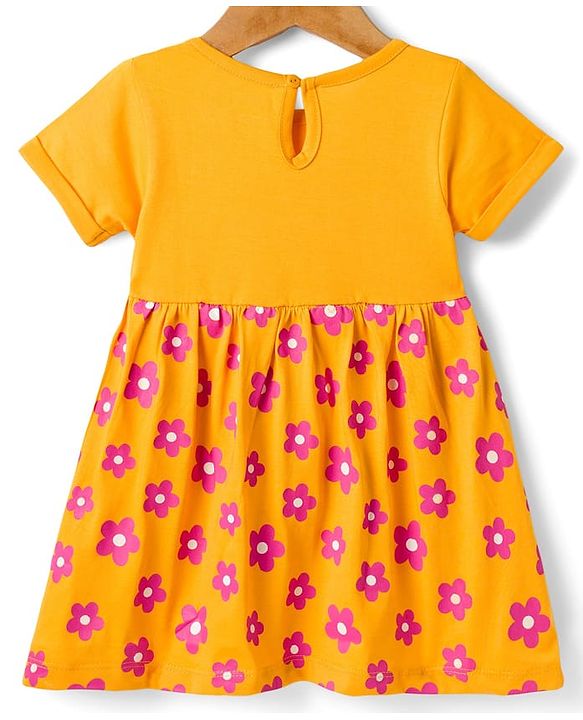 Babyhug Single Jersey Knit Half Sleeves Frock With Floral Print - Yellow