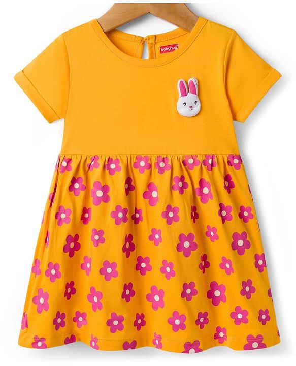 Babyhug Single Jersey Knit Half Sleeves Frock With Floral Print - Yellow