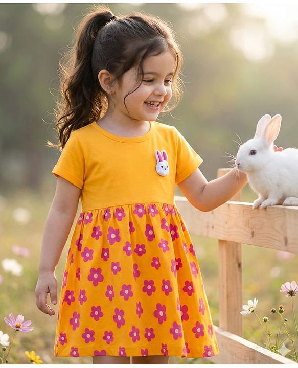 Babyhug Single Jersey Knit Half Sleeves Frock With Floral Print - Yellow