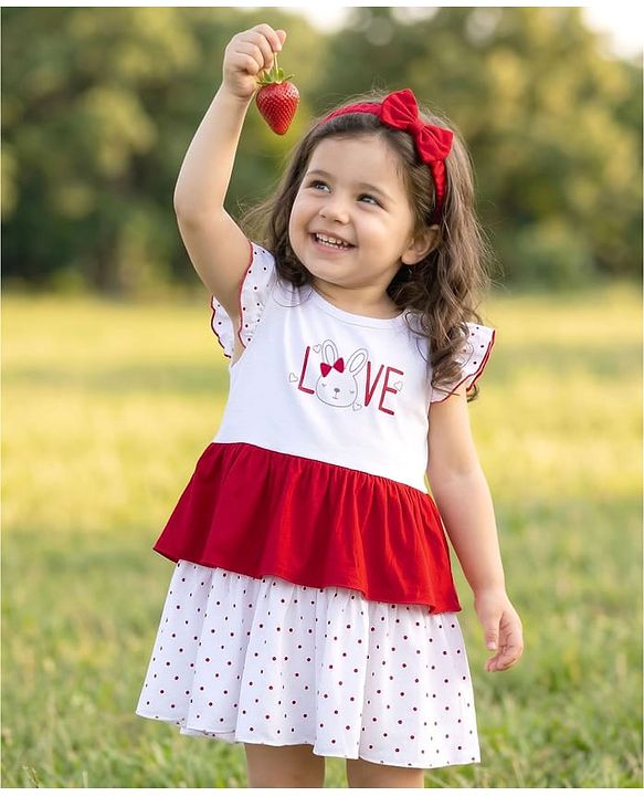 Babyhug Single Jersey Knit Cap Sleeves Frock with Headband & Bunny & Polka Dot Print - White