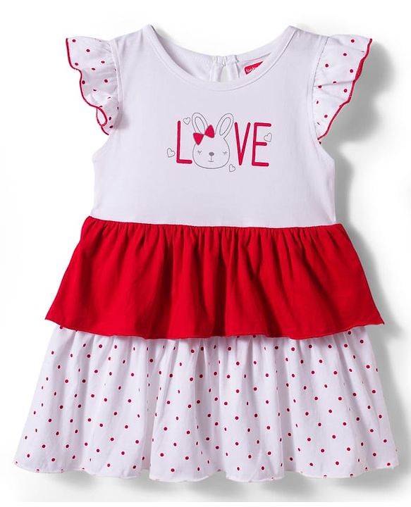 Babyhug Single Jersey Knit Cap Sleeves Frock with Headband & Bunny & Polka Dot Print - White