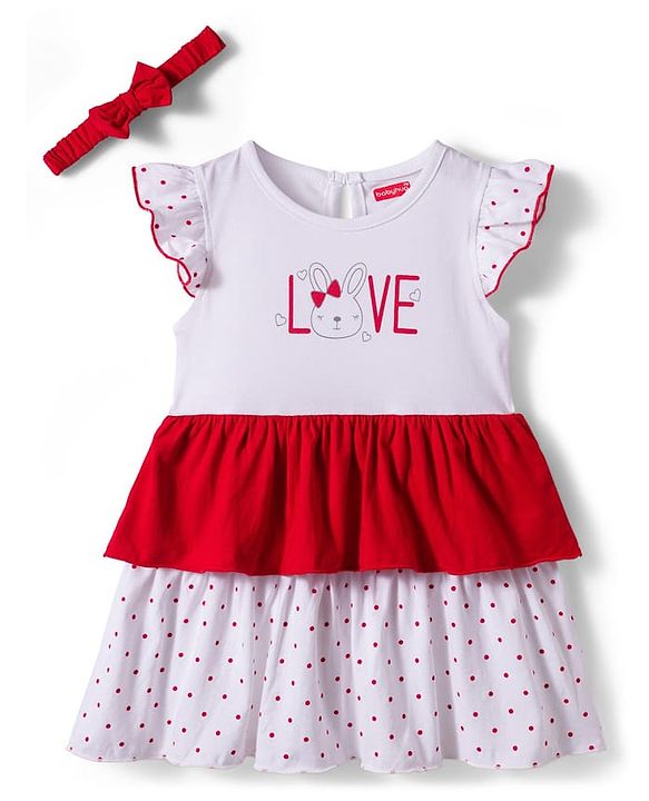 Babyhug Single Jersey Knit Cap Sleeves Frock with Headband & Bunny & Polka Dot Print - White