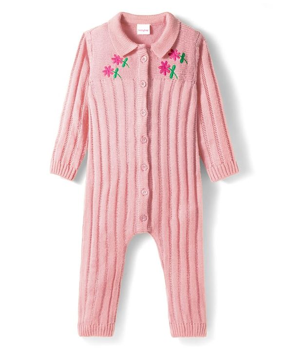 Babyhug Sweater Knit Full Length Winter Wear Romper With Floral Print - Pink