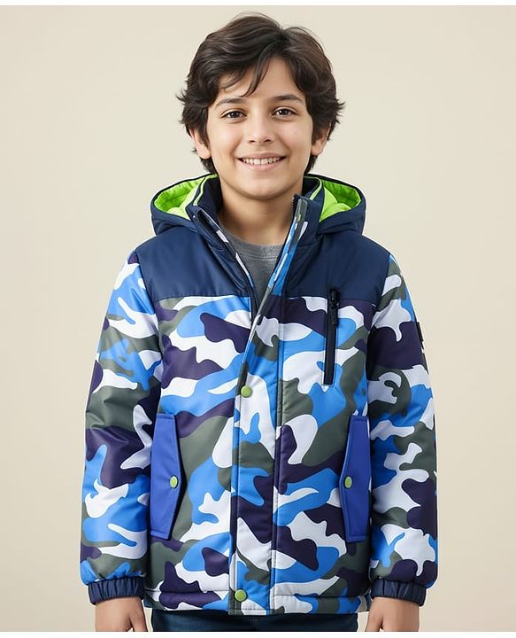 Pine Kids Woven Full Sleeves Hooded Padded Jacket With Camouflage Print - Multicolor