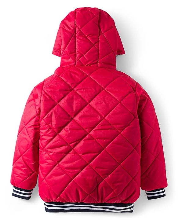 Pine Kids Woven Full Sleeves Solid Color Hooded Padded Jacket with Text Embroidery - Red