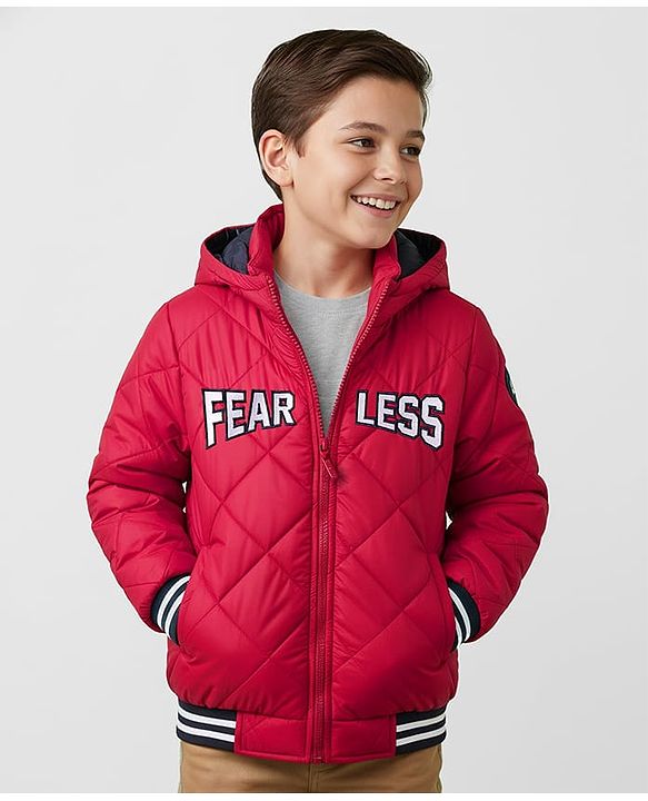Pine Kids Woven Full Sleeves Solid Color Hooded Padded Jacket with Text Embroidery - Red