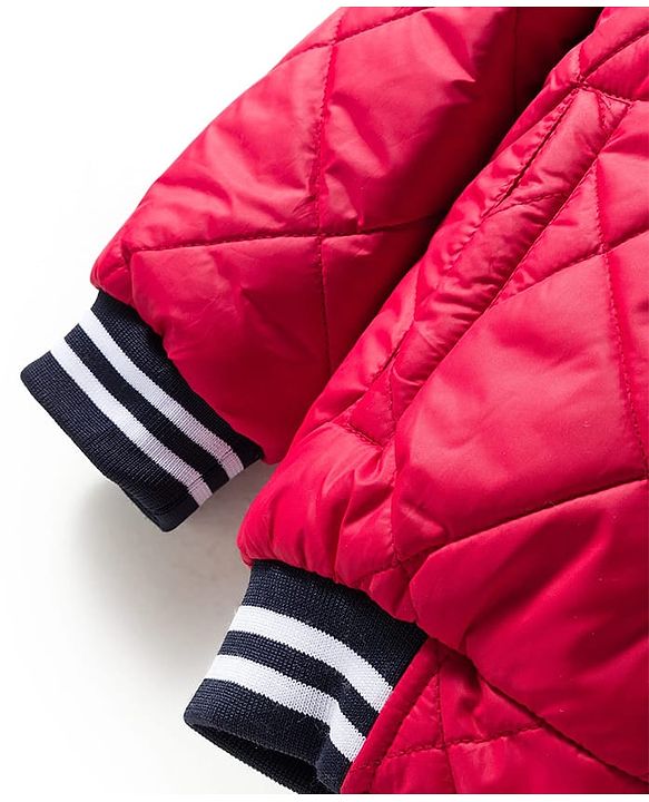 Pine Kids Woven Full Sleeves Solid Color Hooded Padded Jacket with Text Embroidery - Red