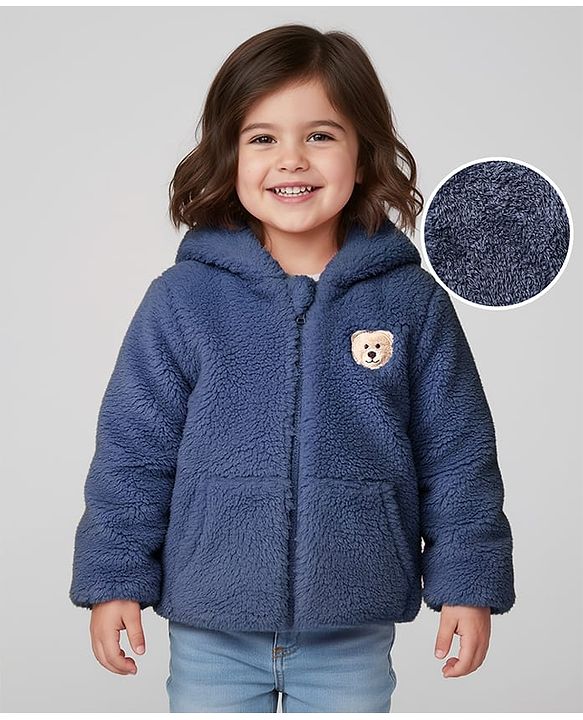 Babyhug Woven Full Sleeves Hooded Winter Jacket With Teddy Bear Embroidery & Kangaroo Pockets - Navy Blue