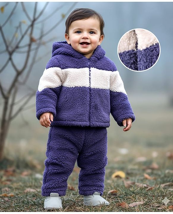 Babyhug Fur Woven Full Sleeves Color Block Hooded Winter Wear Suit Set - White & Navy Blue