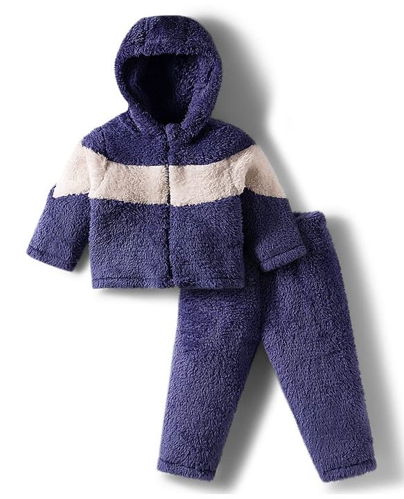 Babyhug Fur Woven Full Sleeves Color Block Hooded Winter Wear Suit Set - White & Navy Blue