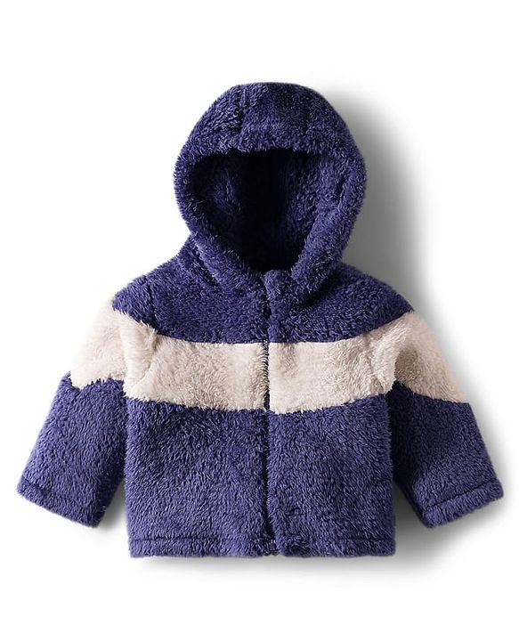 Babyhug Fur Woven Full Sleeves Color Block Hooded Winter Wear Suit Set - White & Navy Blue